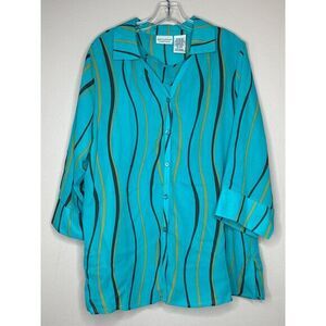 White Stag Turquoise Striped Button Down Blouse Wave Pattern Long Sleeve Size 16